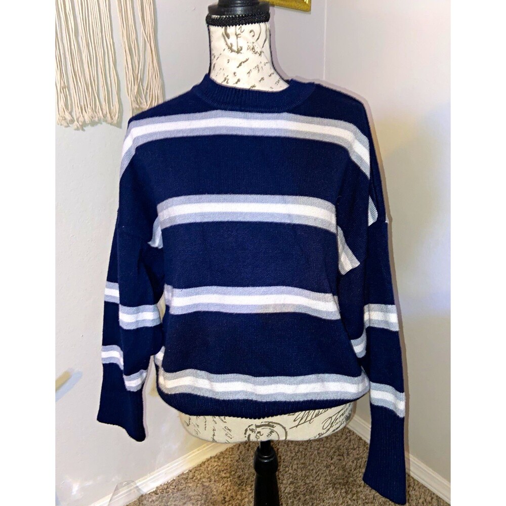 Kendall & Kylie Navy/White Striped Knit Crewneck Long Sleeve Pullover Sweater S